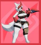 absurd_res anthro armor big_breasts breasts claws clothed clothing dagger diamond_grenadier eye_scar facial_scar female generation_3_pokemon hi_res leather leather_armor melee_weapon nintendo one_eye_closed pokemon pokemon_(species) red_eyes scar skimpy solo tail_weapon unconvincing_armor weapon white_body zangoose