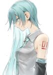  1girl absurdres arms_at_sides bare_shoulders black_sleeves blue_eyes blue_hair blue_necktie breasts closed_mouth collared_shirt detached_sleeves grey_shirt hair_between_eyes hatsune_miku highres large_breasts long_hair long_sleeves looking_down necktie number_tattoo profile shirt sidelocks simple_background skyn_blue sleeveless sleeveless_shirt solo straight_hair tattoo upper_body very_long_hair vocaloid wet wet_hair white_background 