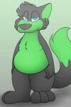 ambiguous_gender anthro belly big_belly canid canine digital_media_(artwork) fox foxball fur hair hi_res looking_at_viewer lying male mammal nude on_front overweight overweight_male simple_background slightly_chubby smile solo standing tail