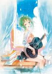  1girl acoustic_guitar book curtains day green_eyes green_hair guitar gumi hair_ornament instrument looking_at_viewer music one_eye_closed open_mouth painting_(medium) petals rei_(456789io) school_uniform short_hair sitting skirt sky sleeves_rolled_up smile soaking_feet solo traditional_media vocaloid water watercolor_(medium) window 