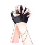  2girls black_gloves close-up commentary_request gloves hand_focus highres holding_hands hololive hoshimachi_suisei multiple_girls out_of_frame partially_fingerless_gloves sakura_miko simple_background star_bracelet tobitaineko virtual_youtuber white_background yuri 
