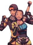  1boy 1girl animification apex_legends black_bodysuit black_gloves blue_shirt bodysuit brown_hair checkered_clothes checkered_scarf clenched_hands conduit_(apex_legends) dark-skinned_male dark_skin earrings elbow_gloves electricity facial_hair fingerless_gloves gloves goatee goggles goggles_on_head green_scarf grey_gloves highres jewelry looking_at_viewer mirage_(apex_legends) one_eye_closed open_mouth orange_bodysuit pipa_(1pgjsf1) scarf shirt short_hair smile white_background 