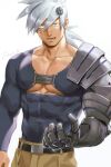  1boy bara character_request covered_abs covered_navel cowboy_shot gentle2nd kyuuketsuki_sugu_shinu large_pectorals looking_at_viewer male_focus muscular muscular_male pectoral_cleavage pectorals prosthesis prosthetic_arm shirt short_hair silver_hair solo spiked_hair taut_clothes taut_shirt underpec 