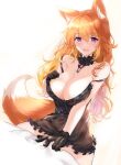  animal_ears bare_shoulders black_dress breasts cleavage collar dress fatkewell fox_ears fox_girl fox_tail gloves hand_on_own_chest highres large_breasts open_mouth original purple_eyes red_hair tail thighs white_background 