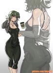  1girl arm_behind_head ass ass_focus back back_focus backless_dress backless_outfit bare_shoulders black_dress breasts breasts_apart closed_mouth coffee_cup collarbone covered_abs covered_navel cropped_jacket cup disposable_cup dongtan_dress dress green_eyes green_hair grey_background grey_jacket highres jacket jacket_partially_removed jewelry looking_to_the_side low_neckline medium_hair meme_attire multiple_views necklace one-punch_man patreon_username shoulder_blades simple_background sleeveless sleeveless_dress small_breasts solo_focus spaghetti_strap standing starbucks stopu tatsumaki taut_clothes taut_dress thick_thighs thighs tight_clothes tight_dress wide_hips 