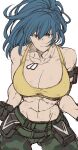 1girl abs arm_pouch biceps black_gloves blue_eyes blue_hair breasts camouflage crop_top dog_tags earrings gloves jewelry large_breasts leona_heidern midriff muscular muscular_female ponytail simple_background soldier solo tank_top the_king_of_fighters the_king_of_fighters_xv triangle_earrings white_background yasunososaku yellow_tank_top 