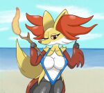  anthro beach big_ears big_tail bikini breasts canid canine clothing delphox female fire fluffy fluffy_tail fox fur hand_on_head inner_ear_fluff looking_at_viewer mammal nintendo nipple_outline one_eye_closed pok&eacute;mon pok&eacute;mon_(species) poraka7 red_body red_fur sea seaside solo swimwear thick_thighs tuft video_games water white_body yellow_body yellow_fur 