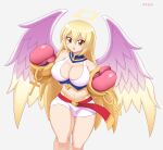  1girl angel angel_wings blonde_hair boxing_gloves breasts brown_eyes character_name cleavage halterneck large_breasts long_hair looking_at_viewer open_mouth pachikar skirt solo toushin_toshi toushin_toshi_girls_gift toushin_toshi_ii white_skirt wings yama_(mahohon) 