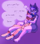 anthro blue_body bound canid canine canis clothing controlled dennis_(omegawolf) dominant dominant_male duo english_text female fur hi_res hypnosis latex male mammal mind_control omega_symbol queenrumpti queenrupti red_eyes relaxed_face submissive submissive_male superomegawolf3700 text wolf