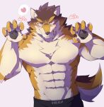  1boy :q abs animal_ears bara barrel_(live_a_hero) beige_fur brown_fur claw_pose dog_boy dog_ears dog_tail furry furry_male heart highres kanato_(sakehabera) large_pectorals live_a_hero male_focus muscular muscular_male navel nipples orange_fur pectorals short_hair solo spoken_heart stomach tail tongue tongue_out topless_male upper_body 