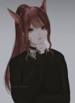  1girl animal_ears aoi_ogata artist_name black_choker black_sweater brown_hair cat_ears choker clip_studio_paint_(medium) closed_mouth commentary commission english_commentary facial_mark final_fantasy final_fantasy_xiv grey_background hand_tattoo hand_up highres long_hair long_sleeves looking_at_viewer ponytail purple_eyes red_lips ribbed_sweater simple_background sleeves_past_wrists solo sweater tattoo upper_body whisker_markings 