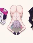  1boy absurdres ass back blue_hair completely_nude english_commentary foolster from_above gavis_bettel gradient_skin grey_hair highres holostars holostars_english kneeling male_focus medium_hair multicolored_hair nude pink_hair scarf shadow solo top-down_bottom-up unworn_clothes virtual_youtuber white_background white_scarf 