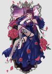  1girl bare_shoulders breasts cleavage dress elbow_gloves fascinator fire_emblem fire_emblem_engage flower gloves hair_ornament highres ivy_(fire_emblem) jewelry large_breasts long_hair looking_at_viewer mole mole_under_mouth petals purple_eyes purple_hair rose rose_petals schereas solo very_long_hair white_gloves 