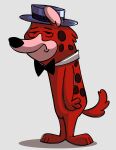 2021 absurd_res anthro biped black_nose bow_tie clothing full-length_portrait fur hanna-barbera hardy_har_har hat headgear headwear hi_res hyena lippy_the_lion_and_hardy_har_har littlecl0ud male mammal markings pink_inner_ear portrait red_body red_fur red_tail shadow simple_background solo spots spotted_body spotted_fur spotted_hyena standing tail white_background
