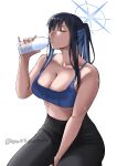  1girl absurdres between_legs bike_shorts black_hair black_pants blue_archive blue_hair blue_sports_bra bottle bra breasts broad_shoulders closed_eyes collarbone drinking english_commentary halo hand_between_legs highres holding holding_bottle large_breasts long_bangs midriff obosounds pants ponytail saori_(blue_archive) sidelocks simple_background sitting solo sports_bra sweat sweat_stain sweaty_clothes twitter_username underwear water_bottle white_background yoga_pants 