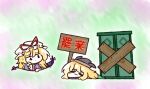  2girls bangs black_eyes blonde_hair blush board bow brown_headwear cape chibi closed_eyes closed_mouth door dress eyebrows_visible_through_hair gap_(touhou) gradient gradient_background green_background green_skirt grey_headwear hair_between_eyes hand_on_own_face hand_up hat hat_bow kirby_(tiokirby) long_hair long_sleeves looking_at_another looking_down lying matara_okina mob_cap multicolored_background multiple_girls nameplate on_stomach orange_cape pink_background purple_vest red_bow skirt smile tabard touhou vest white_dress white_headwear wide_sleeves yakumo_yukari 