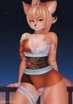 2021 anthro arm_tattoo bandage blonde_hair breast_tattoo breasts canid canine choker clothed clothing female fox front_view fur genshin_impact hair hi_res jewelry looking_at_viewer mammal mihoyo multicolored_body multicolored_fur multicolored_tattoo necklace orange_body orange_ears orange_fur orange_tail saardequeen seductive simple_background slim small_breasts solo standing tail tattoo three-quarter_view two_tone_body two_tone_face two_tone_fur yellow_eyes yoimiya_(genshin_impact)
