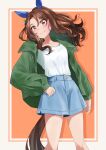  1girl alternate_costume animal_ears blue_shorts blush breasts brown_hair closed_mouth ear_covers feet_out_of_frame freely2327 green_jacket highres horse_ears horse_girl horse_tail jacket king_halo_(umamusume) long_hair long_sleeves looking_at_viewer one_side_up open_clothes open_jacket orange_eyes parted_bangs shirt shirt_tucked_in shorts small_breasts smile solo tail umamusume white_shirt 