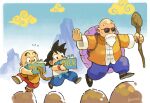  3boys absurdres bald beard black_eyes black_footwear black_hair border child commentary dougi dragon_ball dragon_ball_(classic) english_commentary facial_hair food full_body highres holding kuririn long_sleeves male_focus mountainous_horizon multiple_boys muten_roushi outstretched_arms pants rica_diaz shirt short_hair simple_background sky son_goku spiked_hair staff standing white_border white_hair 