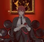  1girl bangs belt breasts chainsaw_man chair coat crossed_legs eyebrows_behind_hair eyebrows_visible_through_hair formal hair_between_eyes highres holding k00s looking_at_viewer makima_(chainsaw_man) necktie picture_(object) red_hair ribbon shirt short_hair sitting smile solo suit yellow_eyes 