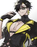  1boy black_hair cellphone collarbone highres jacket male_focus monotsuki multicolored_hair open_clothes original pectorals phone short_hair smartphone streaked_hair sunglasses yellow_eyes 