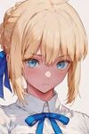  1girl ahoge artoria_pendragon_(fate) blonde_hair blue_ribbon blush braid braided_bun closed_mouth collared_shirt colored_eyelashes crown_braid double-parted_bangs em_iy_as eyelashes eyes_visible_through_hair fate/stay_night fate_(series) grey_background hair_between_eyes hair_bun hair_ribbon hashtag-only_commentary highres long_bangs looking_at_viewer neck_ribbon portrait ribbon saber_(fate) shirt sidelocks simple_background solo white_shirt 