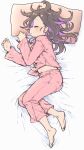  1girl absurdres barefoot bed_sheet black_hair closed_eyes commentary_request feet full_body highres light_blush long_hair long_sleeves lying matado_(almukha) messy_hair midriff_peek multicolored_hair on_bed on_side onii-chan_wa_oshimai! open_mouth oyama_mihari pajamas pants pillow pink_pajamas pink_pants pink_shirt purple_hair shirt sleeping solo streaked_hair toes twitter_username two-tone_hair 