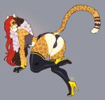 anthro big_butt bite biting_lip biting_own_lip black_boots black_clothing black_footwear black_panties black_underwear boots breasts brown_hair bulge business_suit butt cheetah clothing felid feline fluffy_scarf footwear fur grey_background gynomorph hair hi_res high_heeled_boots high_heels highlights_(coloring) intersex looking_back mammal markings panties pink_eyes presenting presenting_hindquarters red_hair sabel scarf simple_background solo spearfrost spots spotted_body spotted_fur suit thick_thighs topwear underwear wide_hips