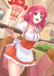  1girl :d absurdres booth_seating breasts dress dutch_angle food french_fries fruit highres holding holding_tray indoors kushieda_minori medium_breasts orange_dress parfait picture_(object) pink_eyes pink_hair praticatan000 restaurant ribbon_trim short_hair smile solo standing strawberry toradora! tray waitress 