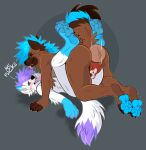 ambiguous_gender ambiguous_penetrated ambiguous_penetration animal_genitalia animal_penis anthro anthro_on_anthro anthro_penetrated anthro_penetrating anthro_penetrating_anthro arm_tuft balls between_legs big_balls black_nose blue_ears blue_hair blue_pawpads brown_body brown_ears brown_fur canid canine_genitalia canine_penis cheek_tuft closed_smile dipstick_ears dipstick_tail duo elbow_tuft erection eyes_closed eyeshadow facial_tuft fangs fur genitals gloves_(marking) hair knot leg_markings looking_pleasured lying makeup male male/ambiguous male_penetrating male_penetrating_ambiguous mammal markings mouth_closed multicolored_ears narrowed_eyes nude on_back orange_eyes pawpads penetration penis pink_tongue princelykaden purple_eyeshadow purple_hair purple_tail red_penis sex simple_background smile socks_(marking) tail tail_markings teeth tongue tuft white_body white_ears white_fur white_tail