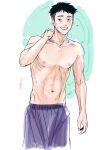  1boy black_eyes black_hair cropped_legs eg_(eastg111) highres looking_at_viewer male_focus short_hair slam_dunk_(series) smile solo sweatdrop topless_male yasuda_yasuharu 