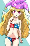  1girl :o absurdres american_flag_bikini bikini blonde_hair breasts clenched_hand clownpiece collarbone commentary_request cowboy_shot curious dot_nose fairy_wings finger_to_face flag_print hat highres jack_(wkm74959) jester_cap light_blush long_hair looking_at_viewer navel open_mouth polka_dot purple_eyes purple_hat small_breasts solo standing swimsuit touhou two-tone_background wings 