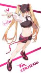  1girl black_nails blonde_hair breasts commentary_request full_body hat heart henken highres jacket long_hair long_sleeves medium_breasts navel one_eye_covered original pink_eyes shoes shorts sienna_(henken) smile sneakers solo standing twintails v 