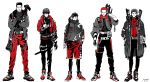  5boys absurdres akagi_takenori arm_at_side bandaged_arm bandages belt belt_pouch breast_pocket buzz_cut closed_mouth coat cropped_jacket cross-laced_footwear crossed_arms fingerless_gloves frown full_body gloves goggles goggles_on_head gun gun_on_back hand_on_own_hip hands_in_pockets high_collar highres jacket leggings_under_shorts lineup long_sleeves male_focus mitsui_hisashi miyagi_ryouta monochrome moriyama_(m0rym) multiple_boys multiple_swords pants pocket pouch red_theme rifle rukawa_kaede sakuragi_hanamichi shoes short_hair signature simple_background slam_dunk_(series) smile sneakers standing studded_belt thigh_belt thigh_pouch thigh_strap very_short_hair weapon weapon_on_back 