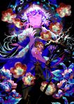  1boy absurdres fate/grand_order fate_(series) flower flower_knot hair_between_eyes highres hooded_robe long_hair long_sleeves looking_at_viewer male_focus merlin_(fate) minayukiinori petals purple_eyes robe solo staff very_long_hair white_hair white_robe 