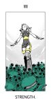  1girl bodysuit braid breasts cloud commentary final_fantasy final_fantasy_xii full_body highres long_hair mochi_(hanamaruudondesu) monochrome monster open_mouth penelo tarot tarot_(medium) thighhighs twin_braids twintails 