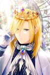  1boy ascot bishounen blonde_hair blue_brooch blue_eyes blue_gemstone blue_shirt cape closed_mouth crown expressionless followers_favorite_challenge gem gloves hair_between_eyes hand_in_own_hair highres long_bangs long_hair looking_at_viewer male_focus multiple_drawing_challenge nyhill_m._heine parted_bangs purple_gemstone ragnarok_online rii_(orkaki_r) shirt solo stained_glass upper_body white_ascot white_cape white_gloves 
