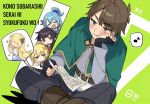  1boy 4girls aqua_(konosuba) belt black_gloves black_pants blush brown_hair capelet censored chibi copyright_name darkness_(konosuba) fingerless_gloves gloves green_capelet green_eyes holding holding_paper iris_(konosuba) kono_subarashii_sekai_ni_shukufuku_wo! megumin mishima_kurone mosaic_censoring multiple_girls musical_note pants paper reading satou_kazuma shirt sitting spoken_musical_note white_shirt 