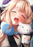  ahoge artist_name blonde_hair blush cellphone closed_eyes drooling english_commentary enna_alouette enna_alouette_(1st_costume) gradient_hair head_wings highres long_hair mewtsuse mouth_drool multicolored_hair neck_pillow nijisanji nijisanji_en open_mouth phone seatbelt sleeping smartphone taking_picture twitter_username virtual_youtuber wings 