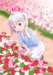  1girl :d absurdres bag blue_eyes blue_shirt blurry blurry_background blush brown_footwear collarbone collared_shirt cosmos_(flower) dirt_road dress dress_shirt flower flower_bed frilled_dress frills grey_hair hand_in_own_hair hand_on_lap highres looking_at_viewer medium_hair one_side_up open_mouth original pink_flower red_flower road shirt shoulder_bag smile solo squatting tied_shirt white_dress white_flower yutuki_ame 