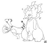 ampharos bag balls black_and_white catjam_(artist) duo feral generation_2_pokemon generation_8_pokemon genitals hisuian_form hisuian_typhlosion line_art looking_down male monochrome nintendo penis pokemon pokemon_(species) regional_form_(pokemon)