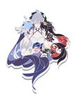  3girls black_hair blue_flower blue_hair bronya_zaychik closed_eyes colored_inner_hair commentary dual_persona facing_another facing_viewer flower from_side grey_hair hair_flower hair_ornament halterneck highres honkai_(series) honkai_impact_3rd mie_xing multicolored_hair multiple_girls red_hair seele_vollerei simple_background upper_body white_background 