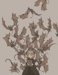  1girl animal_on_head artist_name bat_(animal) black_dress brown_background brown_hair closed_mouth commentary cowboy_shot demizu_posuka dress grey_eyes highres holding long_sleeves on_head original simple_background solo standing too_many too_many_bats 