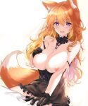  animal_ears bare_shoulders black_dress breasts breasts_outside cleavage clothes_pull collar dress dress_pull fatkewell fox_ears fox_girl fox_tail gloves hand_on_own_chest heart heart-shaped_pupils highres large_breasts nipples open_mouth original purple_eyes red_hair skindentation symbol-shaped_pupils tail thighs white_background 