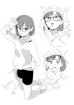  1girl banned_artist bike_shorts blush chrono_trigger full_body glasses greyscale hammer helmet highres looking_at_viewer lucca_ashtear makio_(makiomeigenbot) monochrome open_mouth pencil scarf short_hair simple_background smile solo white_background 