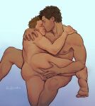  2boys anal_fingering anal_fluid arm_around_shoulder arm_hair bara black_hair body_freckles brown_hair castiel chest_hair completely_nude couple dean_winchester facial_hair feet_out_of_frame fingering fluffyells freckles gradient_background highres kiss kissing_nose male_focus mature_male multiple_boys nipples nude short_hair stubble supernatural_(tv_series) testicles yaoi 