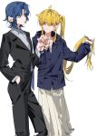  2girls ahoge asymmetrical_hair black_jacket black_pants black_suit blonde_hair blue_hair blue_jacket bocchi_the_rock! bright_pupils closed_mouth collared_shirt commentary corrupted_twitter_file earrings feet_out_of_frame hand_in_own_hair hand_in_pocket highres holding_hands ijichi_nijika jacket jewelry long_hair long_sleeves looking_at_another molu_stranger multiple_girls pants pleated_skirt red_eyes shirt short_hair side_ponytail simple_background skirt smile stud_earrings suit suit_jacket very_long_hair white_background white_pupils white_shirt white_skirt yamada_ryo yellow_eyes 