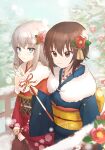  2girls absurdres arrow_(projectile) bag blue_eyes blue_kimono brown_eyes brown_hair eyebrows_visible_through_hair floral_print flower fur-trimmed_kimono fur_trim girls_und_panzer hair_between_eyes hair_flower hair_ornament hamaya handbag highres itsumi_erika japanese_clothes kimono long_hair multiple_girls new_year nishizumi_maho obi outdoors red_kimono sash short_hair silver_hair snow wide_sleeves yaminabe_(szhal14) 