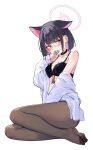  1girl animal_ears bare_shoulders black_bra black_choker black_hair black_pantyhose blue_archive bra breasts cat_ears choker cleavage colored_inner_animal_ears colored_inner_hair commentary_request eating extra_ears feet food food_in_mouth glasses halo highres kazusa_(blue_archive) legs long_sleeves looking_to_the_side macaron medium_breasts multicolored_hair no_pants no_shoes off_shoulder open_clothes open_shirt painterliuhao pantyhose pendant_choker pink_eyes pink_hair pink_halo red-framed_eyewear semi-rimless_eyewear shirt short_hair simple_background sitting solo toes two-tone_hair under-rim_eyewear underwear white_background white_shirt yokozuwari 