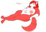  anthro big_nipples blush breasts canid canine canis exposed_breasts female fur genitals hair hi_res mammal nipples pregnant pregnant_female pussy red_body red_eyes red_fur red_hair simple_background solo werewolferos wolf 